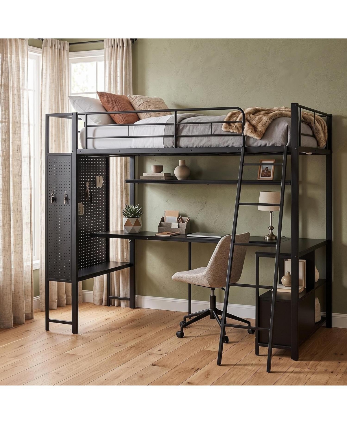 Full/Twin Size Metal Loft Bed with Desk, Storage Shelves and Charging Station