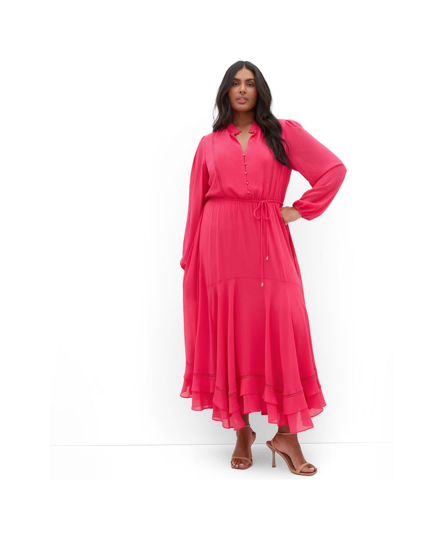 Plus Size Yasmin Long-Sleeve Chiffon Ruffle Maxi Dress