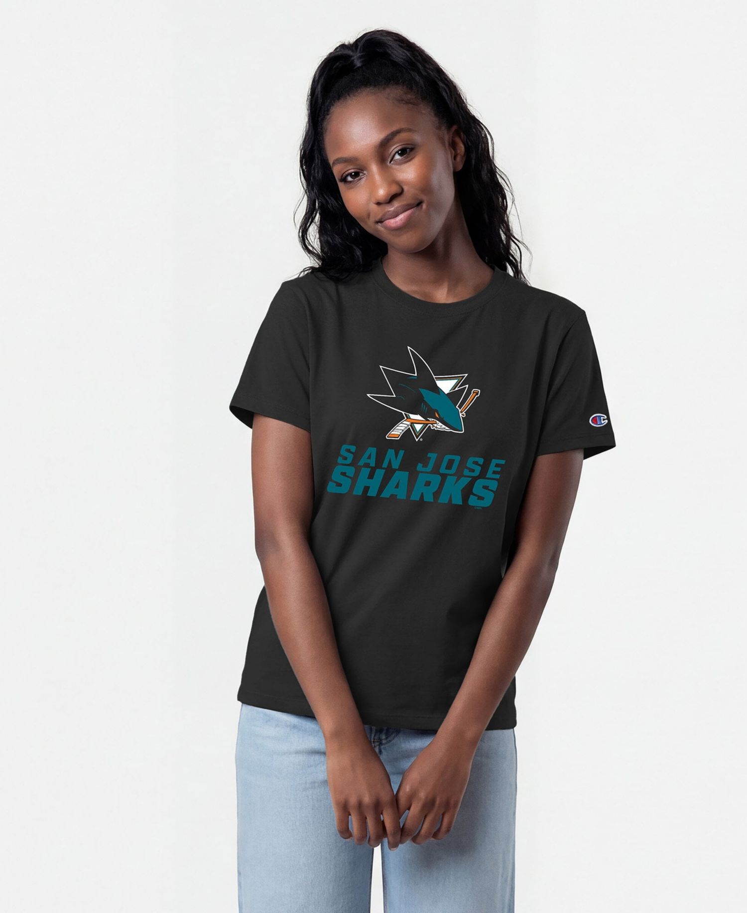 Women's San Jose Sharks Wordmark Lockup Screen Print Crewneck T-Shirt