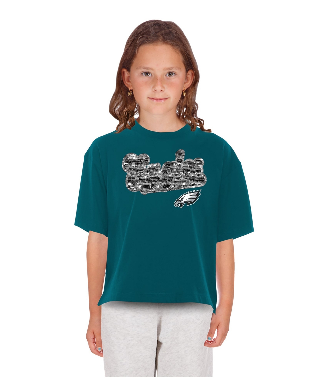 New Era Girls' 4-16 Philadelphia Eagles Flip-Sequin Boxy T-Shirt - Midnight Green