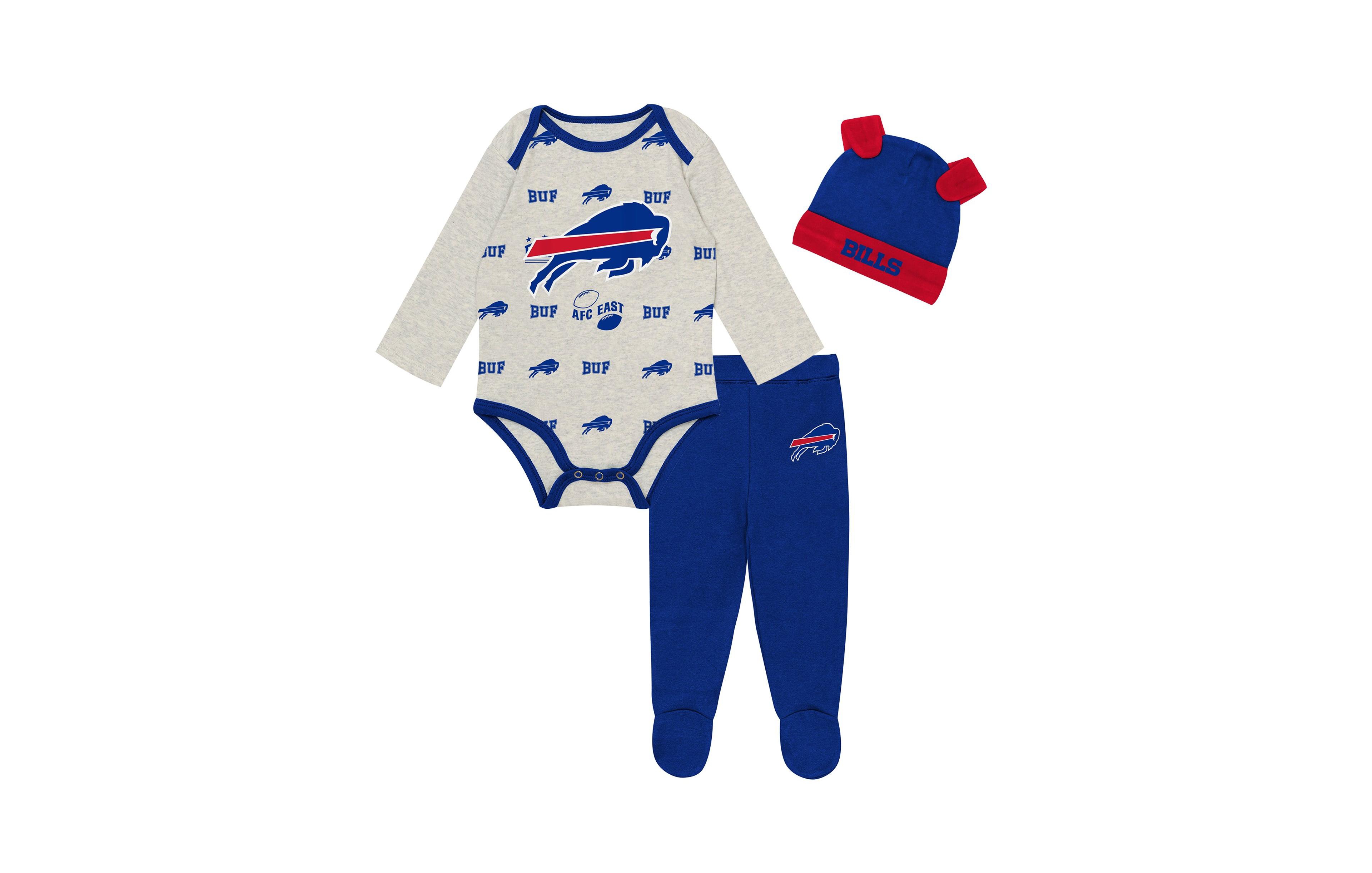Outerstuff Baby Boys and Girls' Buffalo Bills Huddles Giggles Cotton Creeper, Pants Hat, 3-Piece Set