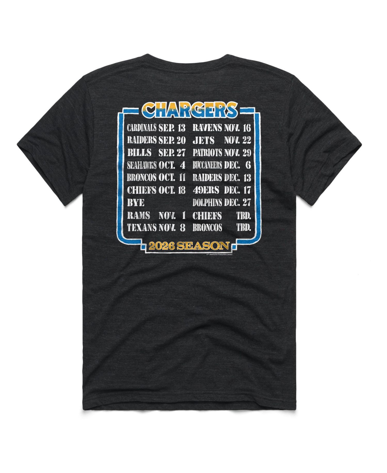 Men's and Women's Charcoal Los Angeles Chargers 2026 NFL Schedule Queen Tri-Blend T-Shirt