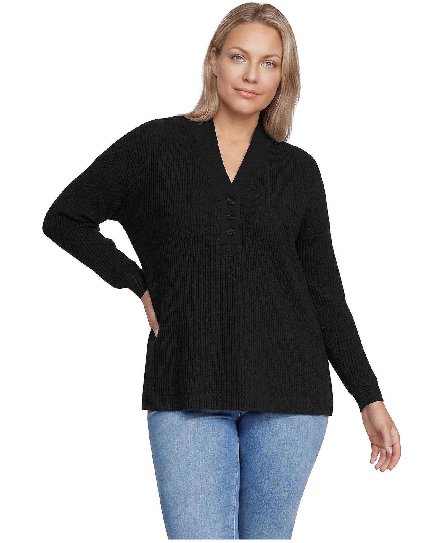 Plus Size Long Sleeve Waffle Shawl Collar Henley