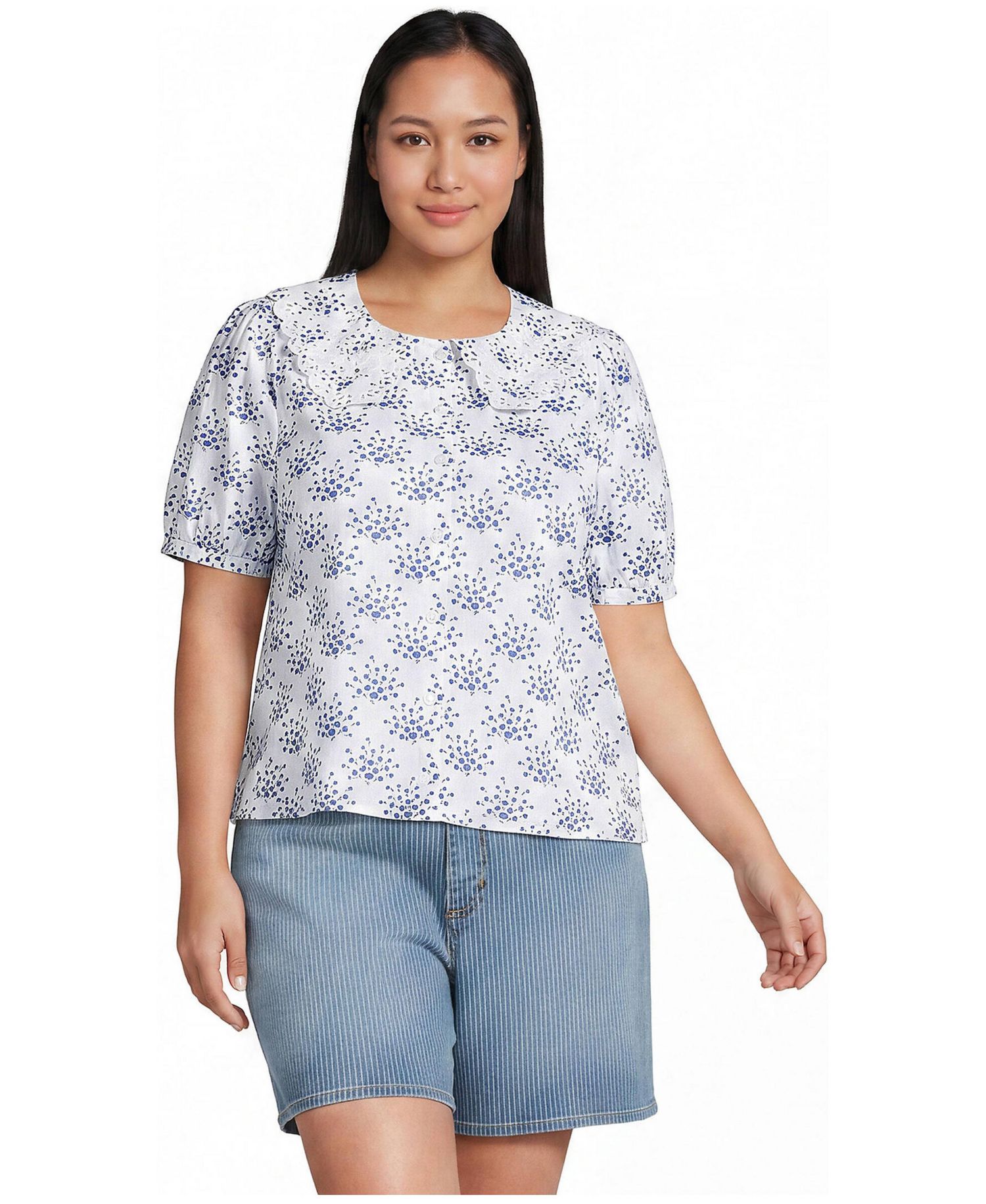 Plus Size Ruffle-Collar Puff-Sleeve Blouse