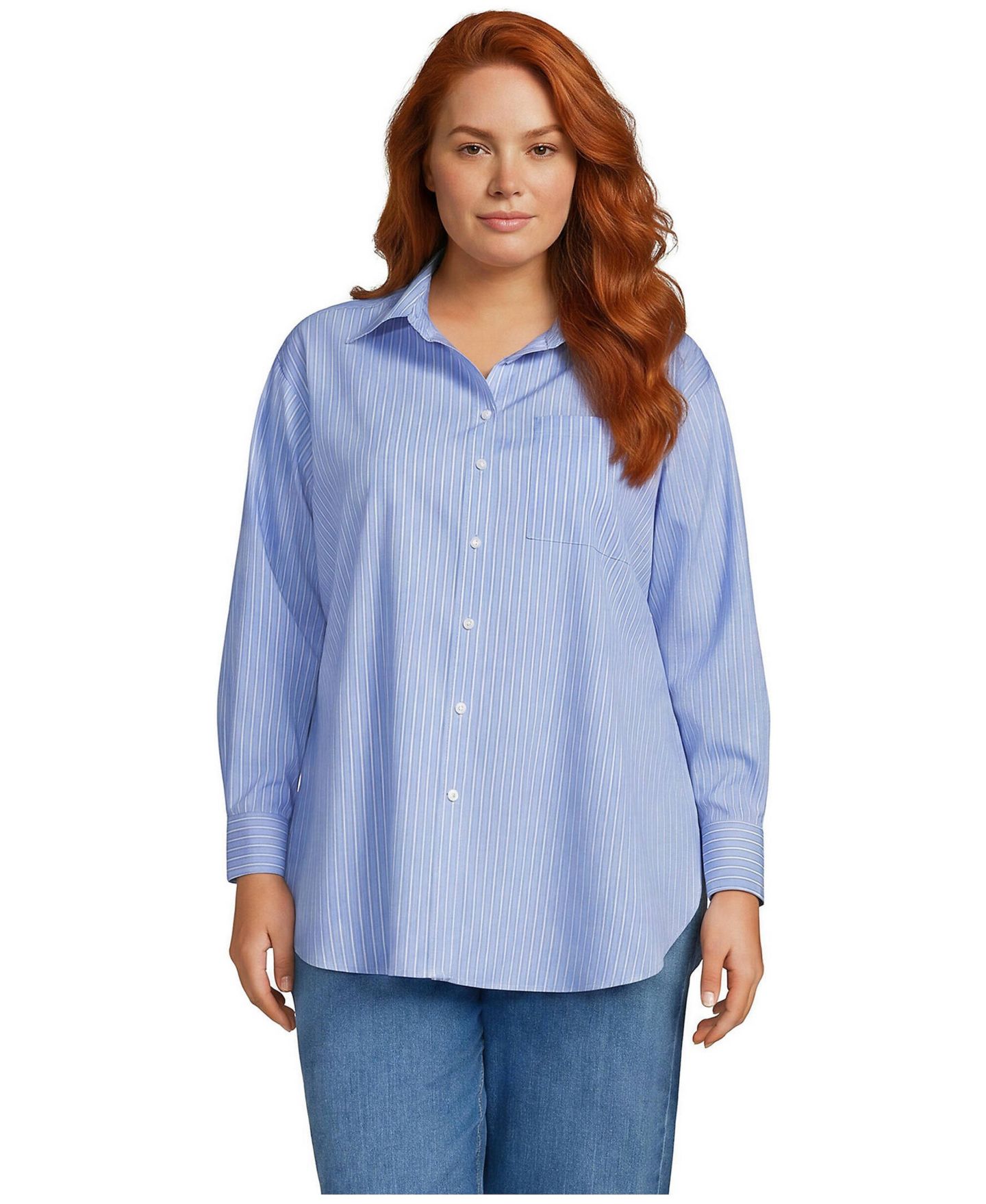Женская рубашка Lands' End Plus Size Oversized No Iron Tunic with Statement Collar, цвет: Прозрачный синий небесно-голубой / Полосатый — фото 3