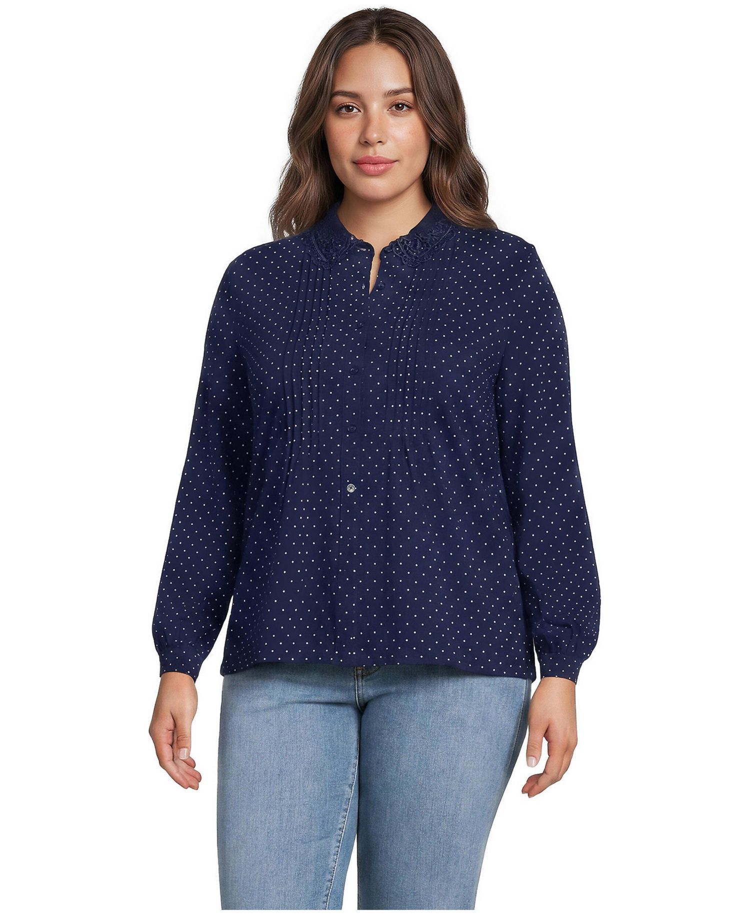 Plus Size Cotton Pintuck Lace Trim Collar Long-Sleeve Blouse