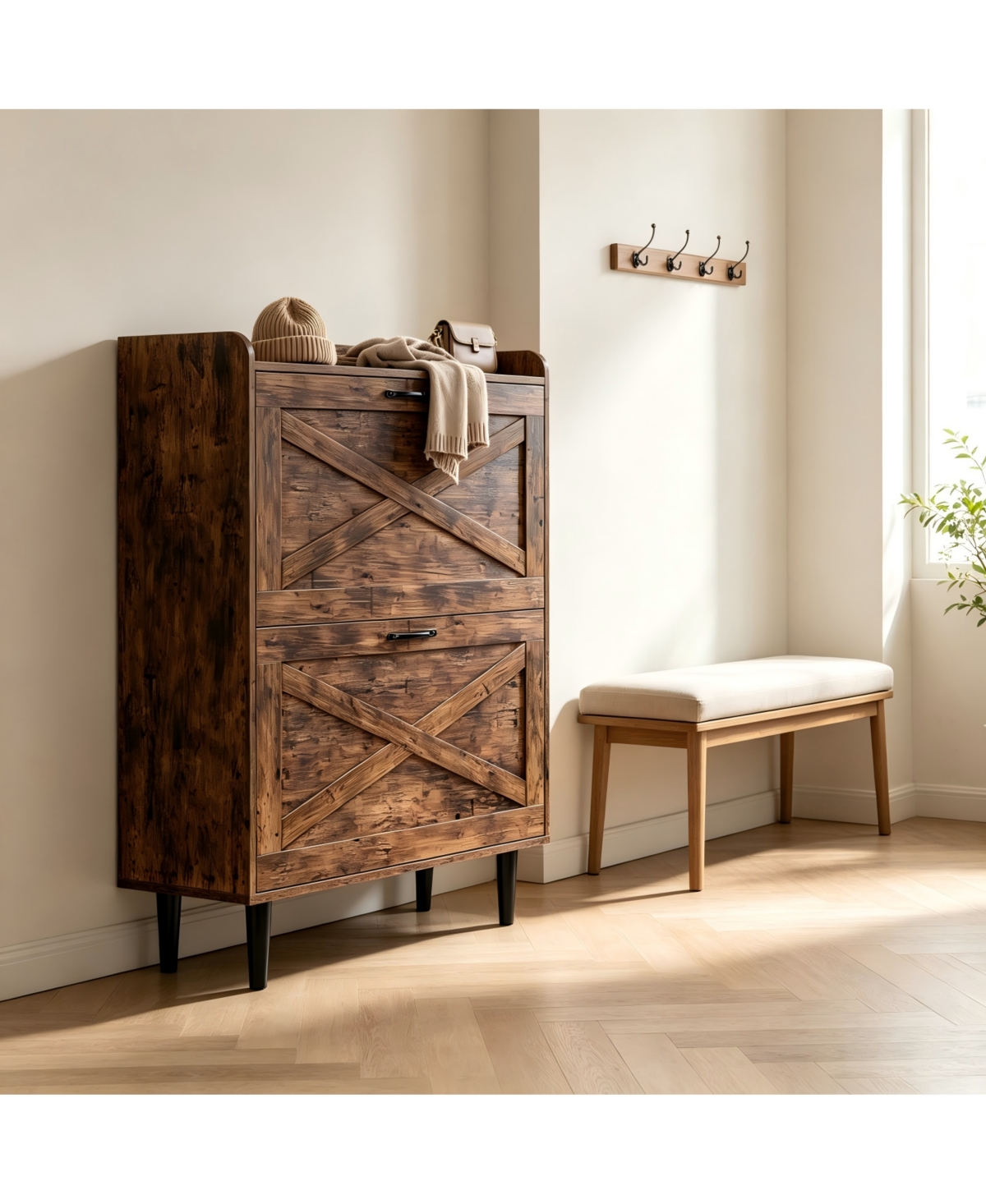 Slickblue 2-Drawer Barn Door Shoe Cabinet with Top Storage Shelf in Mdf