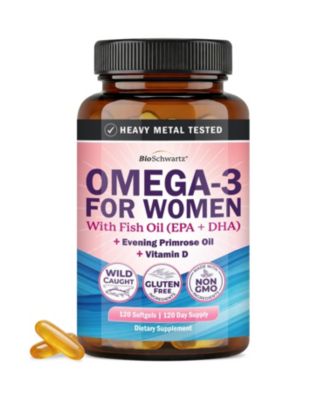 Fish Oil Omega-3 Supplement for Women with EPA, DHA, Evening Primrose Oil, Vitamin D and Vitamin E, 120 Softgels