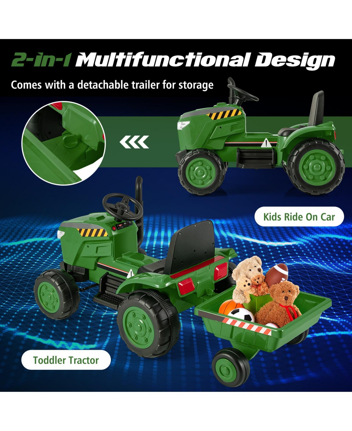 Mecale Ride-On Tractor 12V with Remote Control and Detachable Trailer, Ages 3-8