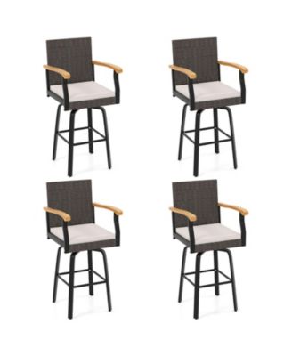 4Pieces 29'' Outdoor 360-Degree Swivel Bar Stool Cushion Acacia Wood Armrests Footrest