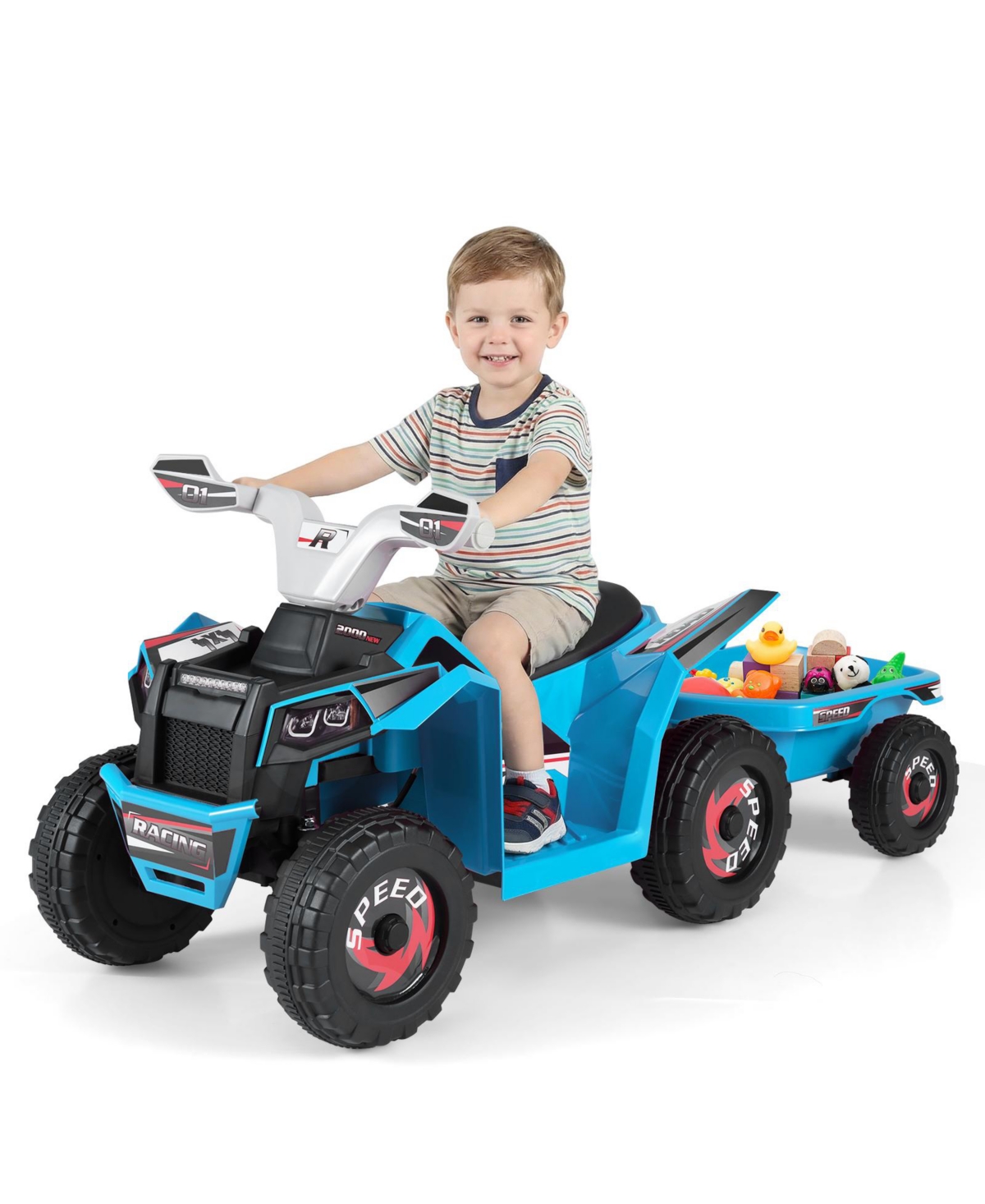 Gymax Kids Electric Atv Car, 41" L x 15" W x 19" H, 6V Battery-Powered With Removable Back Trailer, 66 lbs Capacity, Ages 3+ - Blue