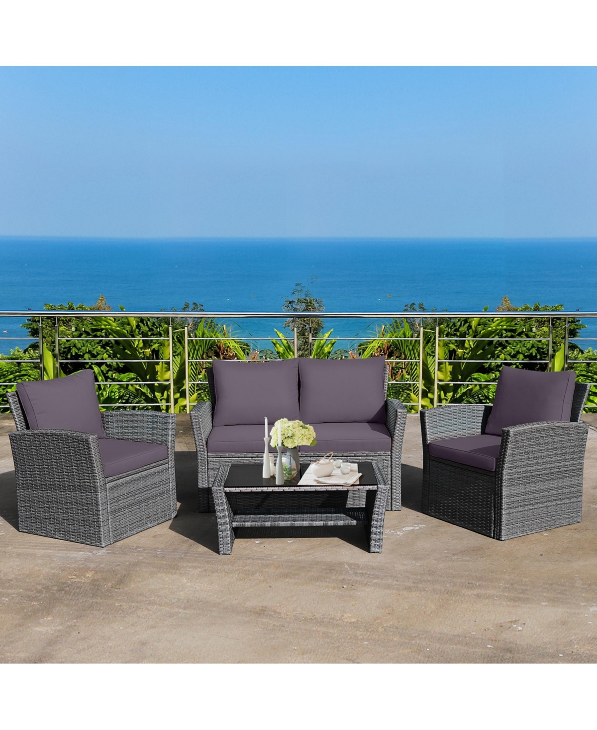 Costway 4Piece Patio Rattan Furniture Set Sofa Table With Storage Shelf