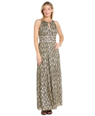 Petite Floral-Print Foil Halter Dress with Keyhole Neckline
