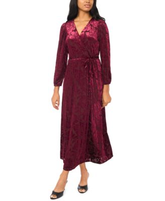 Women's Floral Long-Sleeve Velvet Burnout V-Neck Wrap Maxi Dress