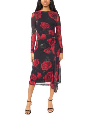 Women's Long-Sleeve Floral Mock Neck Midi Dress
