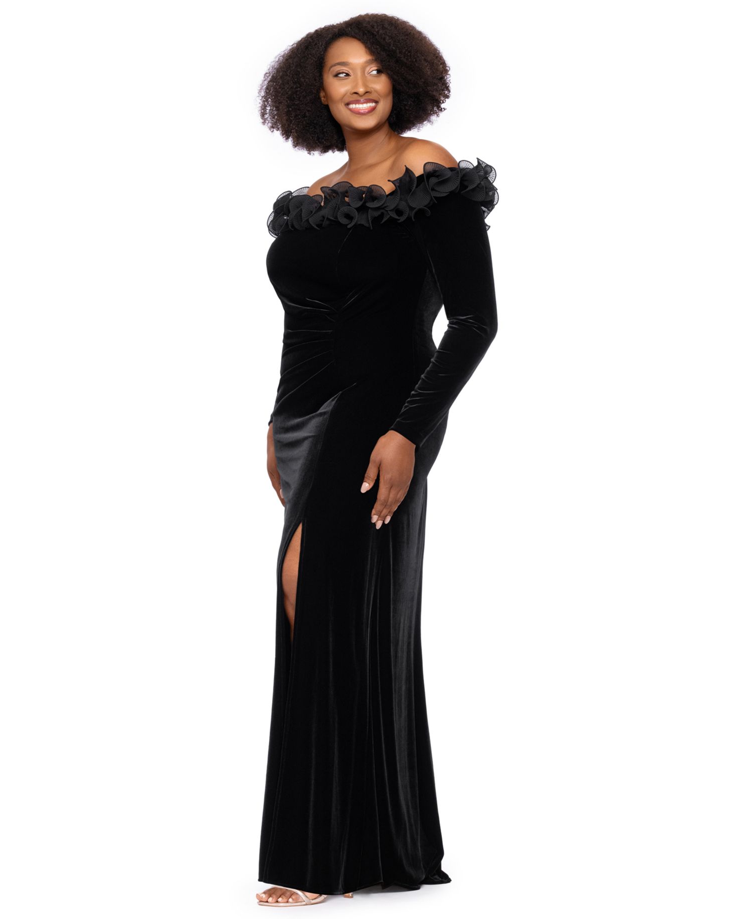 Plus Size Velvet Off-the-Shoulder Long-Sleeve Dress
