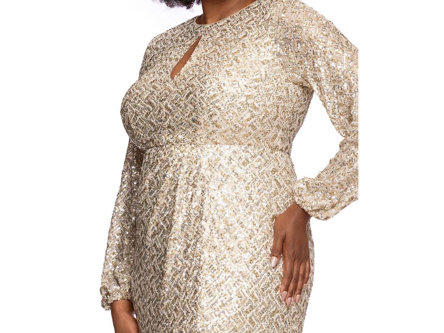 Женские платья XSCAPE Plus Size Allover-Sequin Keyhole Long-Sleeve Gown, цвет: Золотой серебряный — фото 4