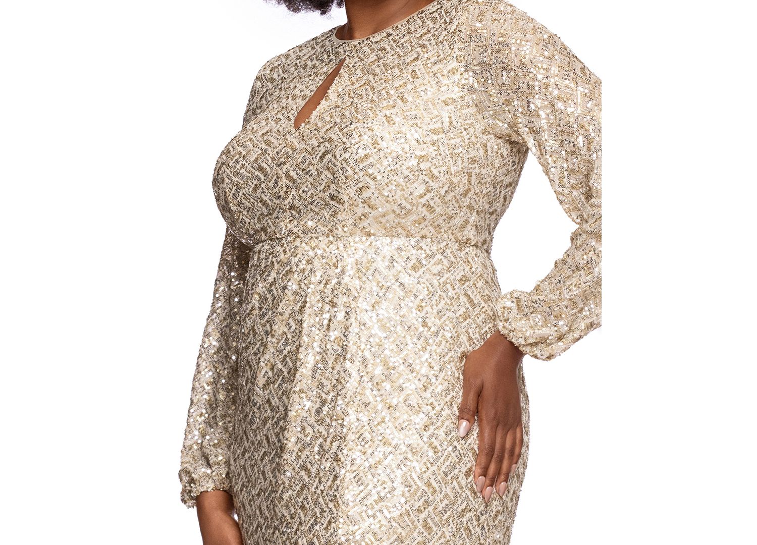 Plus Size Allover-Sequin Keyhole Long-Sleeve Gown