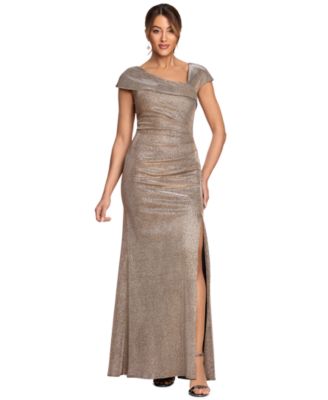 Women's Metallic Asymmetrical Neckline Sleeveless Gown