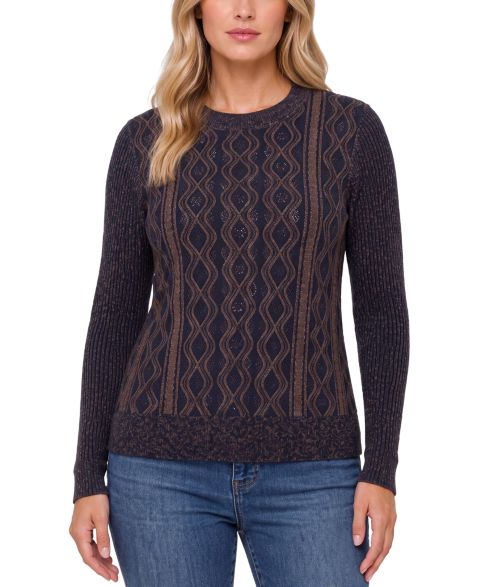 Женский свитер Liverpool Los Angeles Cable-Knit Diamond-Pattern Crewneck, цвет: Тёмно-синий / Коричневый
