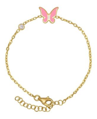 Girls Enamel Butterfly and Cubic Zirconia Bezel Station Chain Link Bracelet in 14K