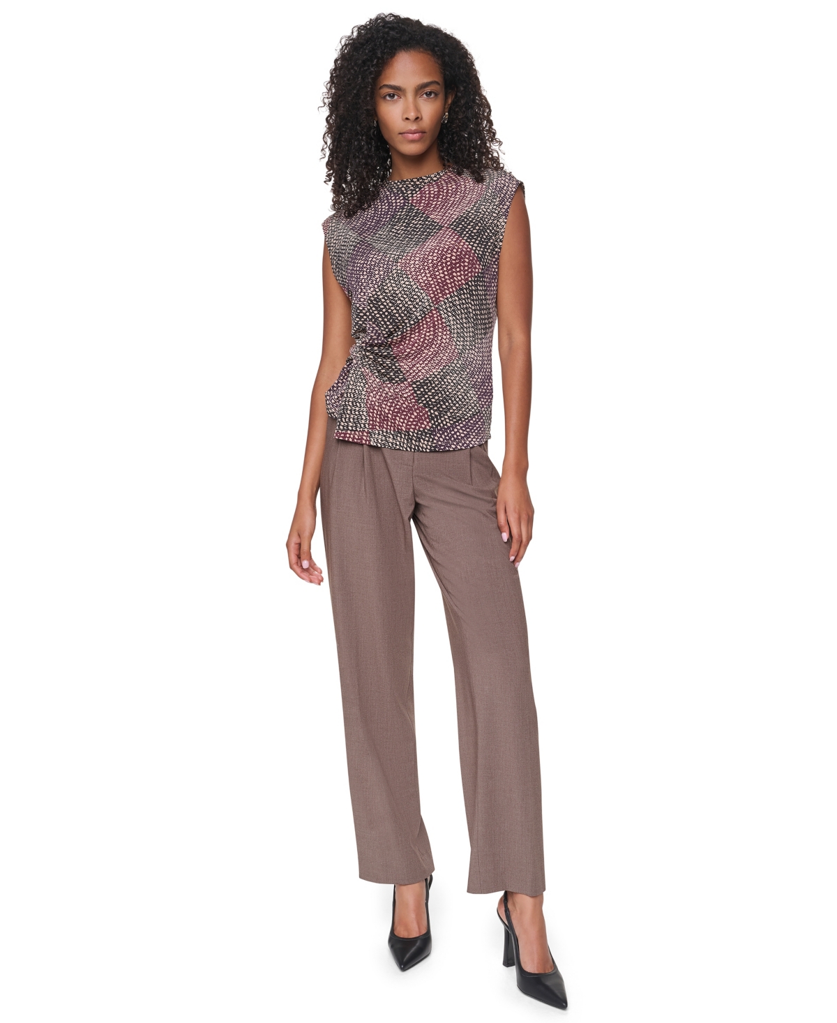 Dkny Petite Mock Neck Geometric-Print Ruched Sleeveless Blouse