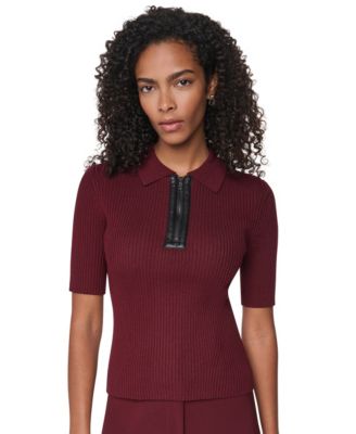 Petite Short-Sleeve Half-Zip Ribbed Cotton-Blend Sweater