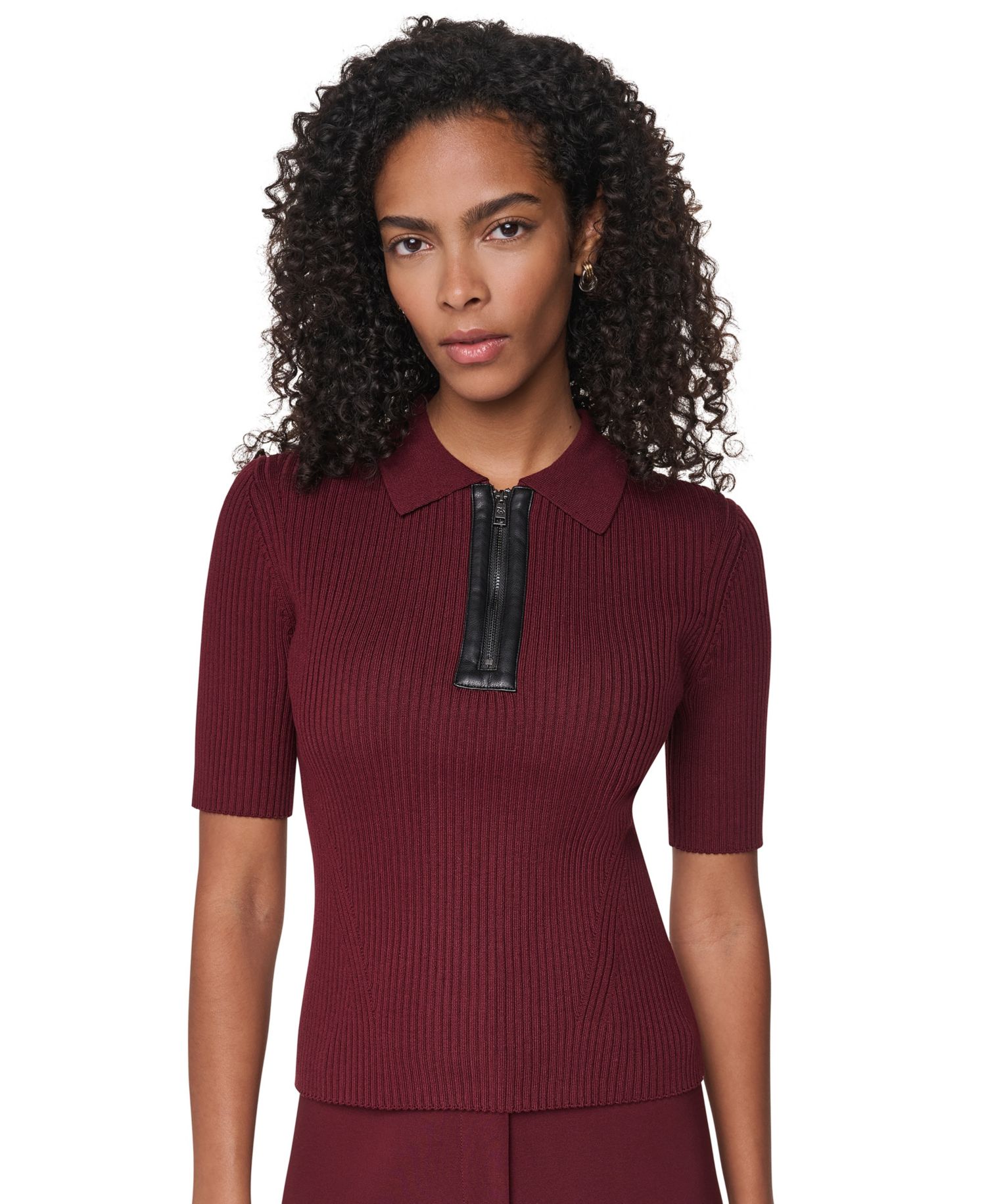 Petite Short-Sleeve Half-Zip Ribbed Cotton-Blend Sweater