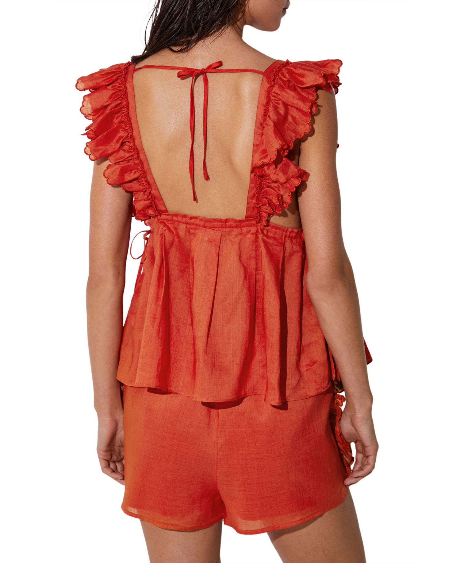 Women's Brook Ruffle-Trimmed Cap Sleeves V-Neck Open-Back Babydoll Top
