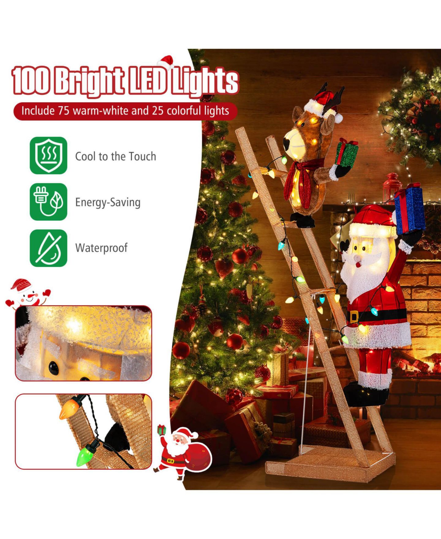 Детская игрушка Costway 5.5 FT Lighted Reindeer and Santa Claus on Ladder with 100 LED Lights, Zip Ties, цвет: Красный — фото 7