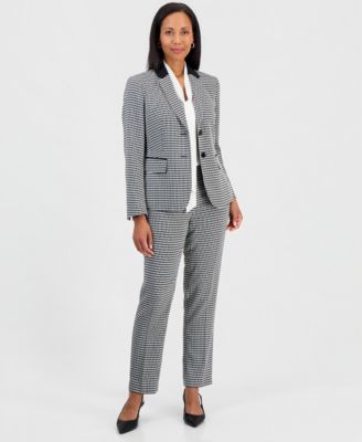 Women's Sleeveless Tie-Neck Embellished Blouse, Houndstooth Two-Button Blazer & Mid-Rise Straight-Leg Pants