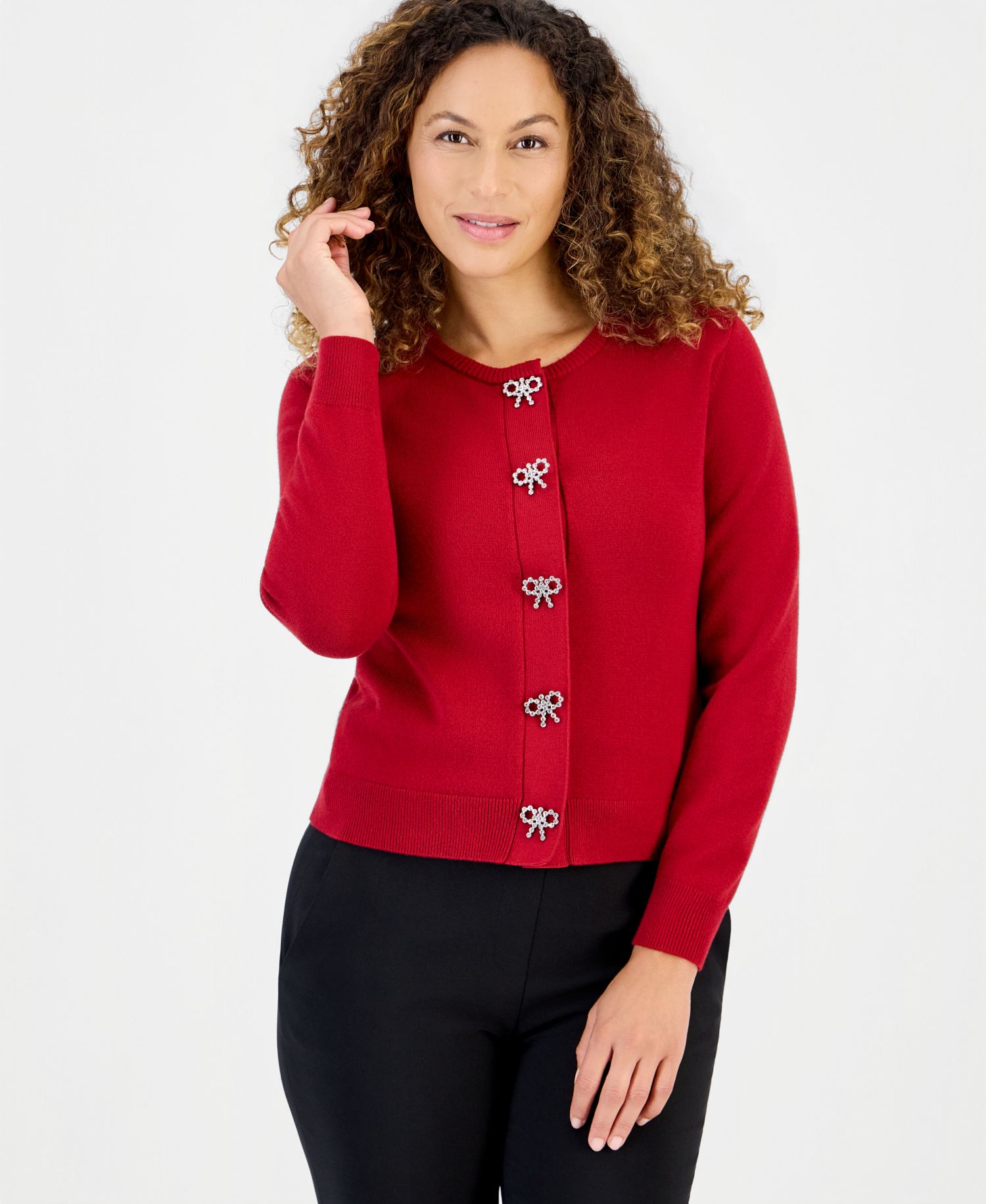 Petite Crewneck Embellished Bow Snaps Cardigan