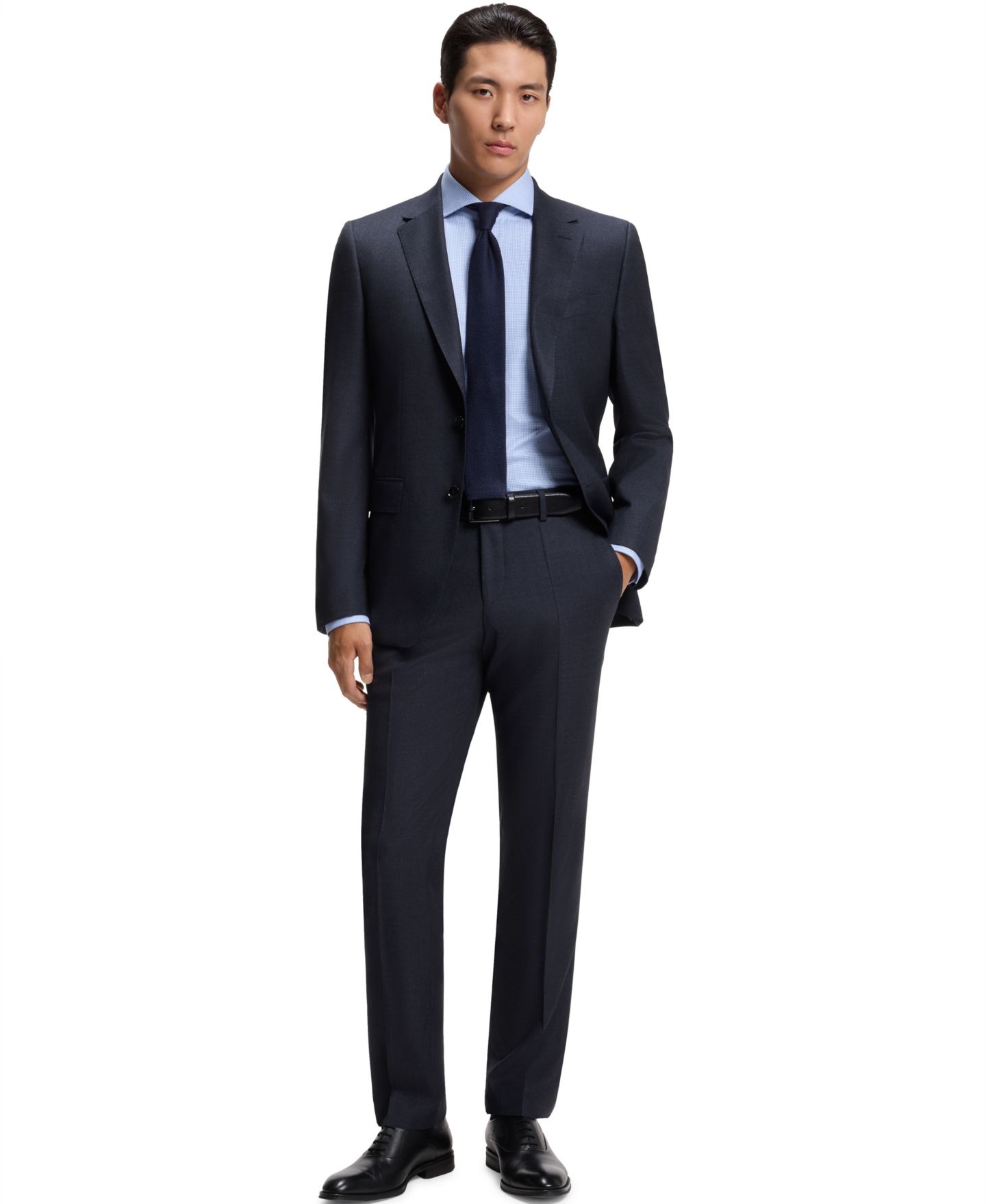 Мужские комплекты Hugo Boss Patterned Stretch Wool Two-Piece Slim-Fit Suit, цвет: Тёмный синий — фото 1