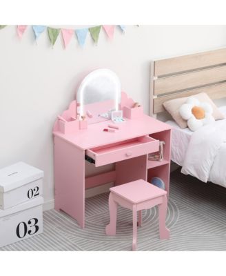 Kids Vanity with Lighted Mirror, 2 in 1 Little Girls Vanity Table and Stool, Kids Makeup with Drawer and Open Shelves for 3-9 Yrs Girls