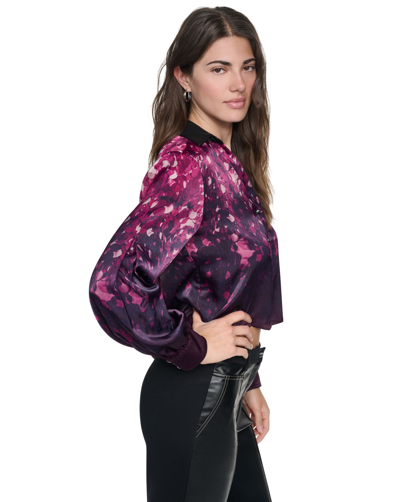 Женская блузка DKNY Long-Sleeve Button-Down Faux Leather Collar, цвет: Paillette Ombre — фото 3