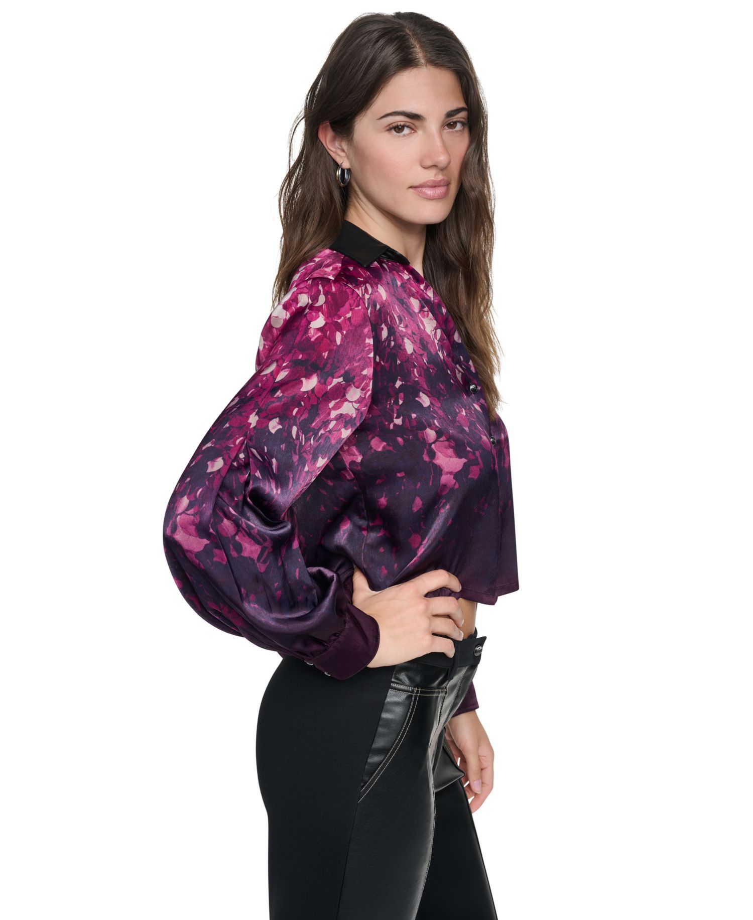 Women's Long-Sleeve Button-Down Faux Leather Collar Blouse