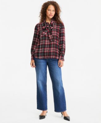 Women's Plaid  Tie-Neck Long-Sleeve Blouse