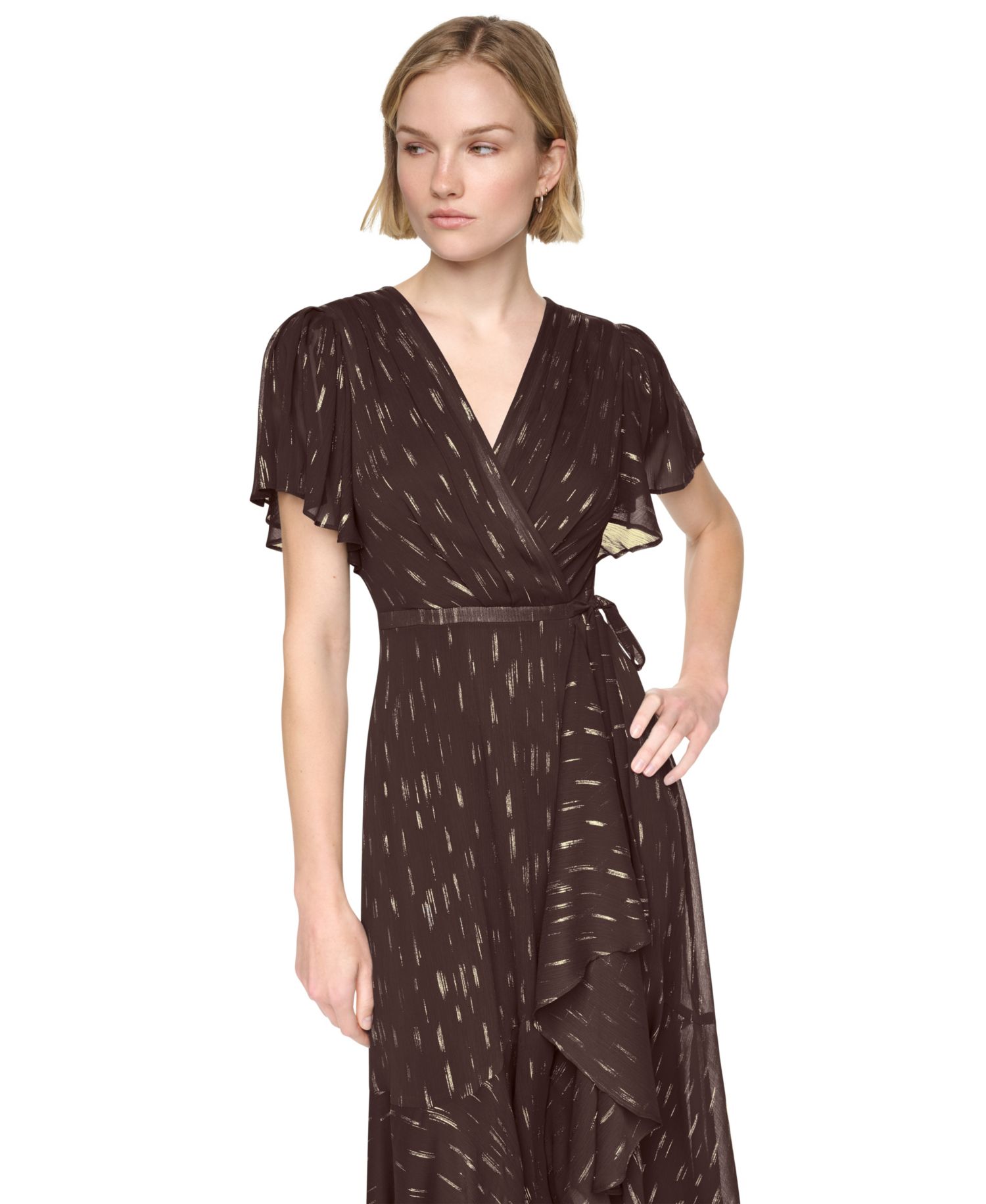 Women's Flutter-Sleeve Ruffle V-Neck Midi Dress
