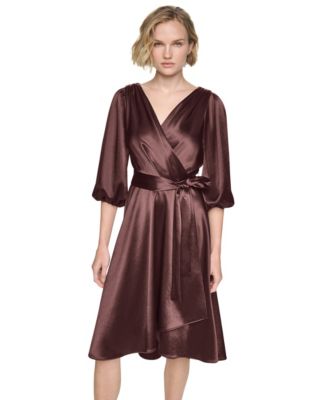 Women's Balloon-Sleeve Satin Faux-Wrap Dress