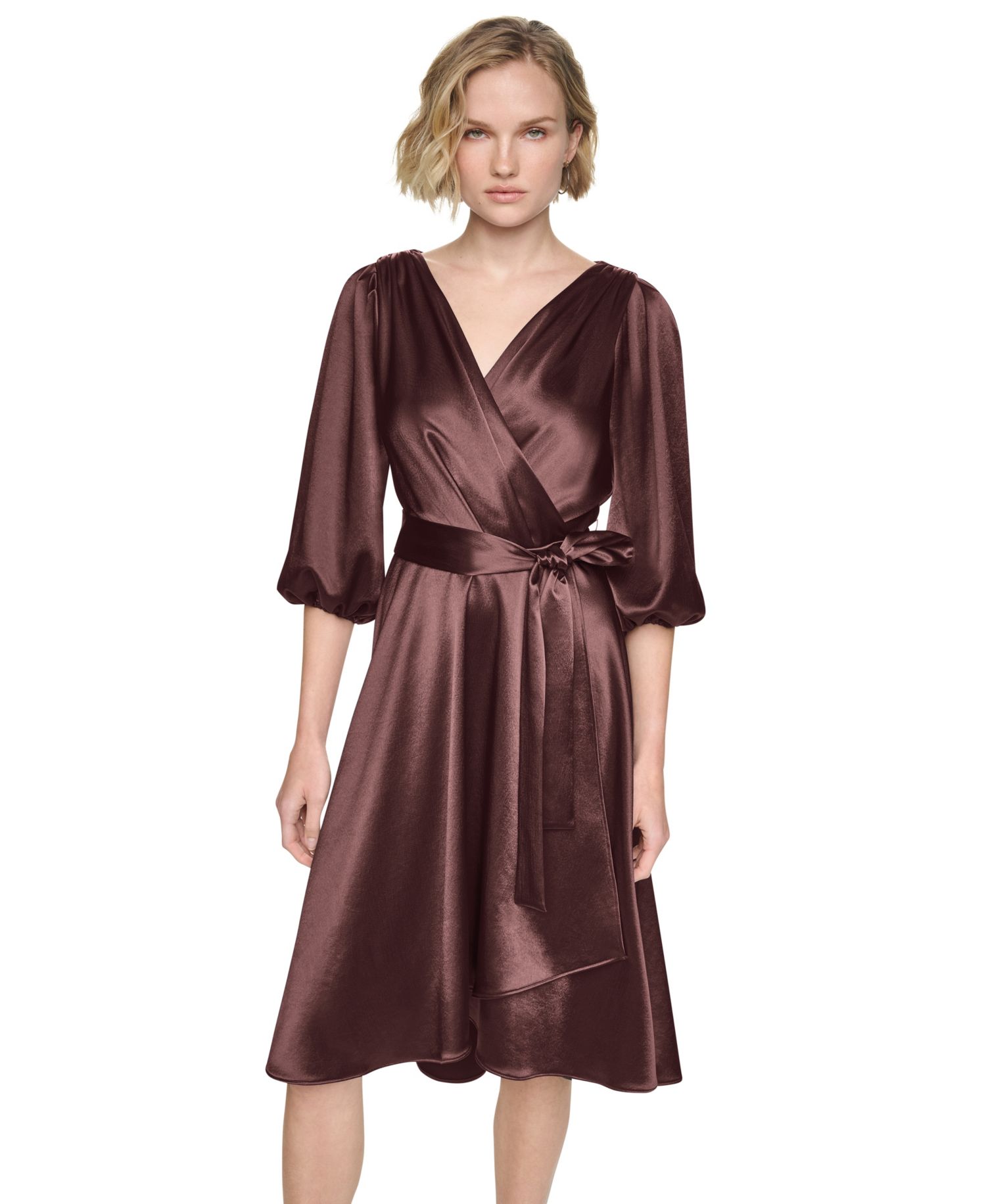 Women's Balloon-Sleeve Satin Faux-Wrap Dress