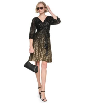 Women's Ombre Sequin Wrap 3/4 Balloon-Sleeve V-Neck Dress