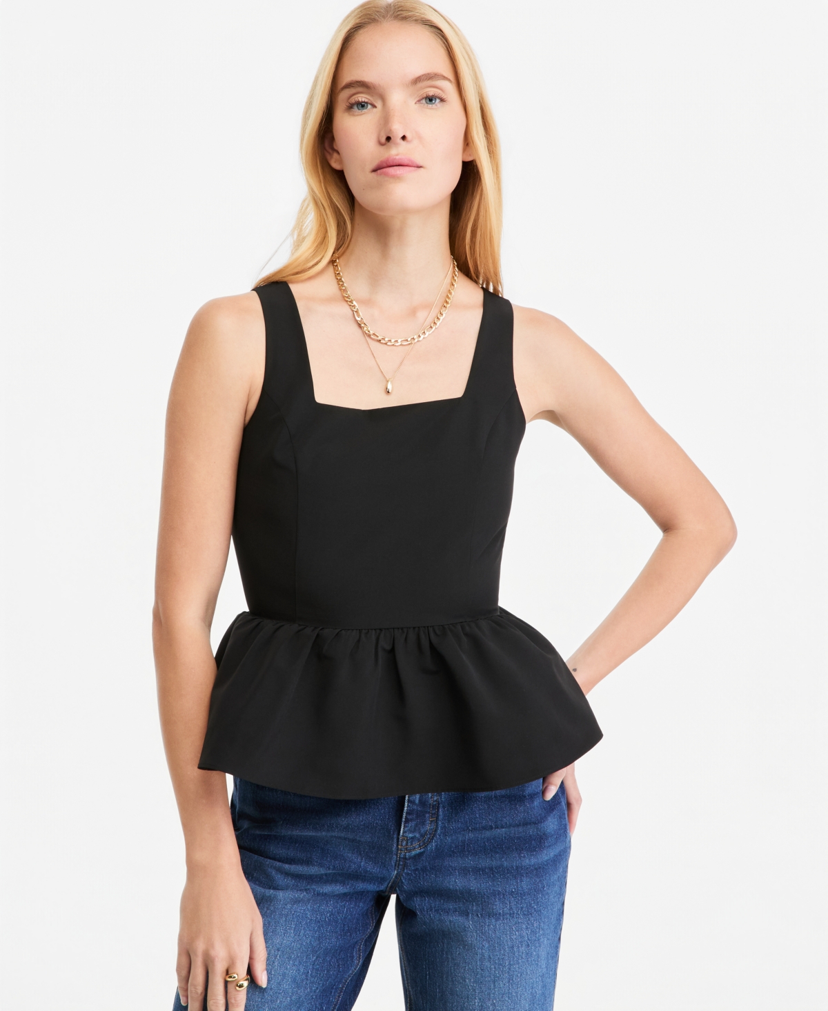 On 34th Women's Square-Neck Peplum Tank Top, Macy's Exclusive - Deep Black