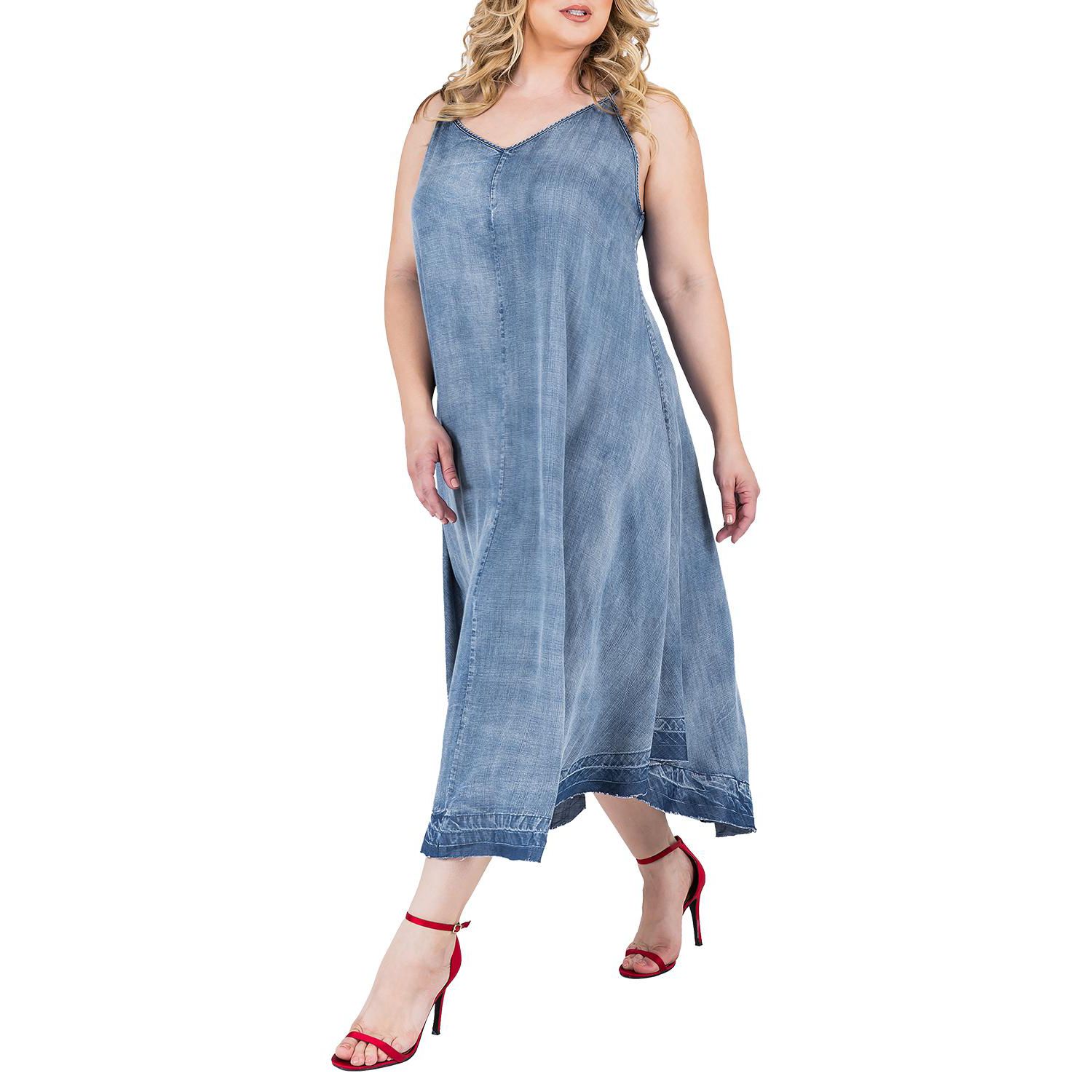 Plus Size Denim Tencel Raw Hem Maxi Slip Dress
