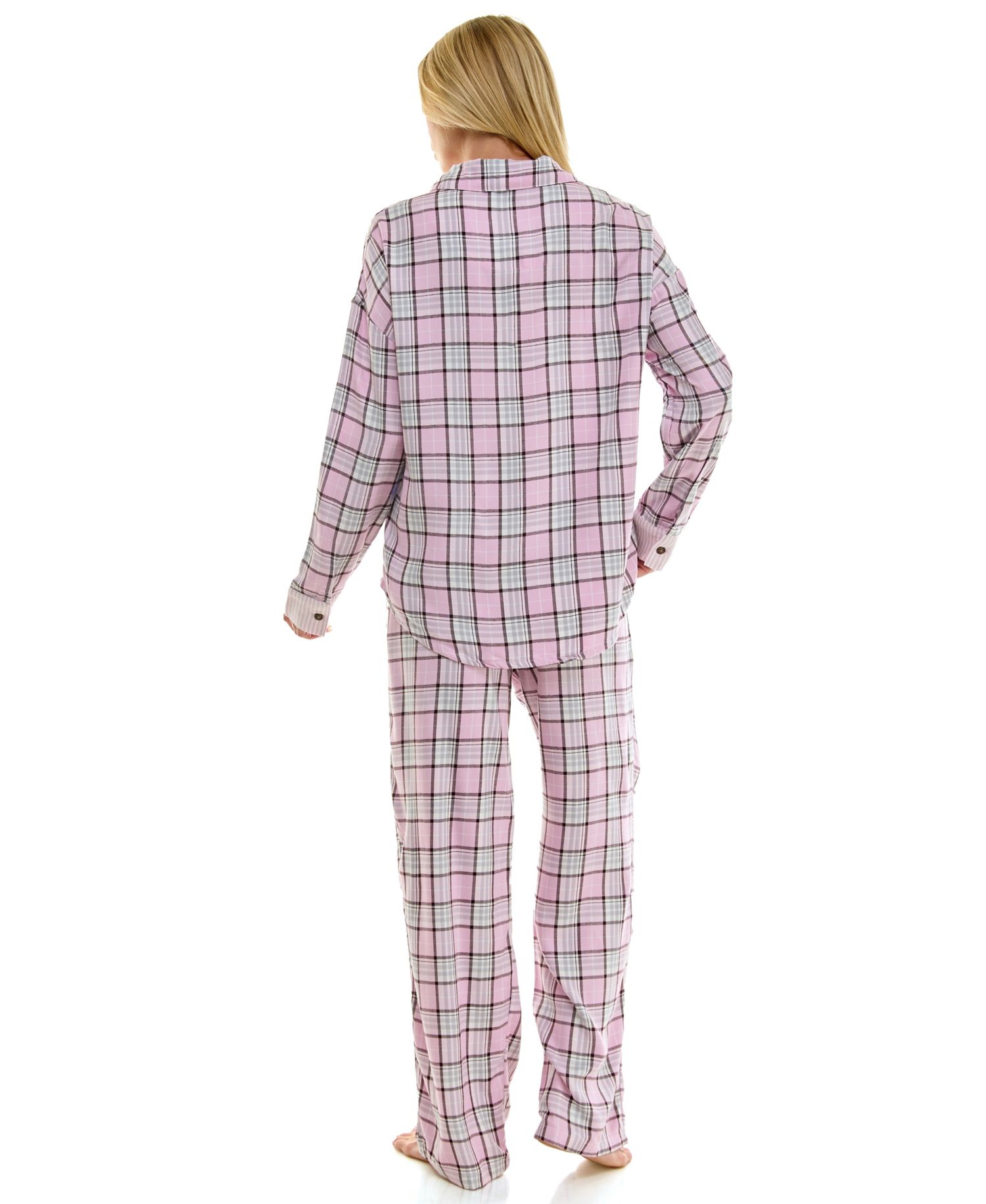 Women's Flannel Collared Long-Sleeve Shirt and Pant Pajama Set