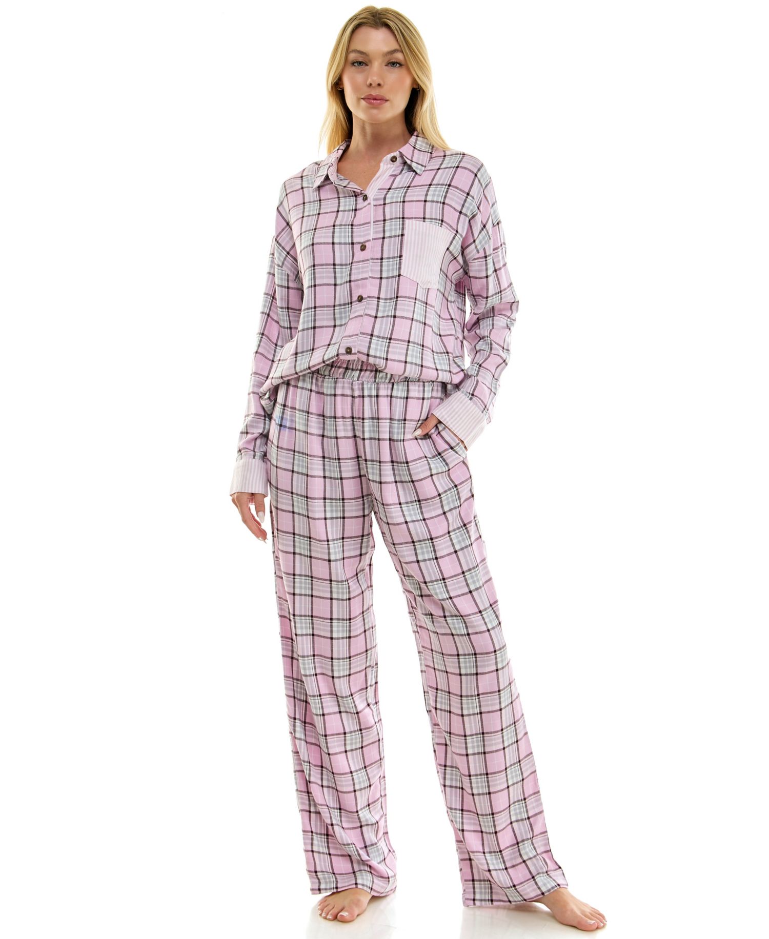 Women's Flannel Collared Long-Sleeve Shirt and Pant Pajama Set