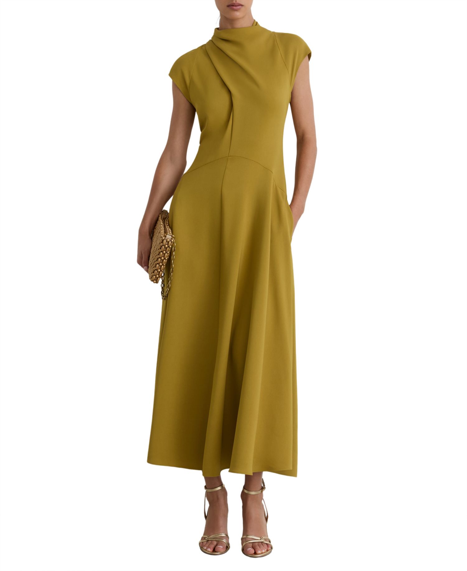 Women's Alma High-Neck Pleat-Detail A-Line Midi Dress