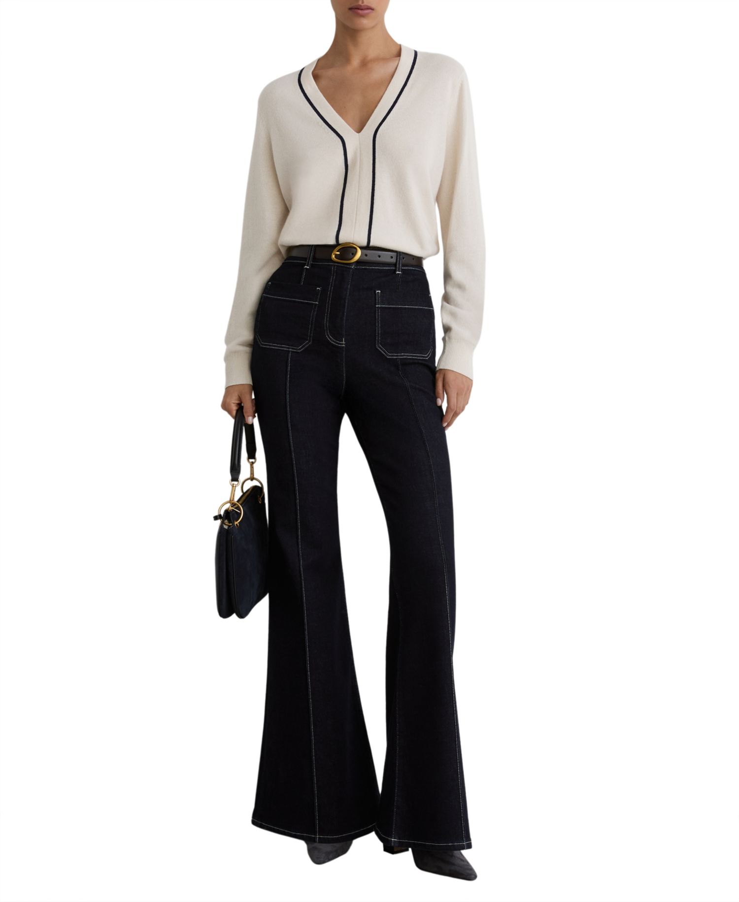 Women's Mila Wool-Blend with Cashmere V-Neck Stripe-Detail Sweater