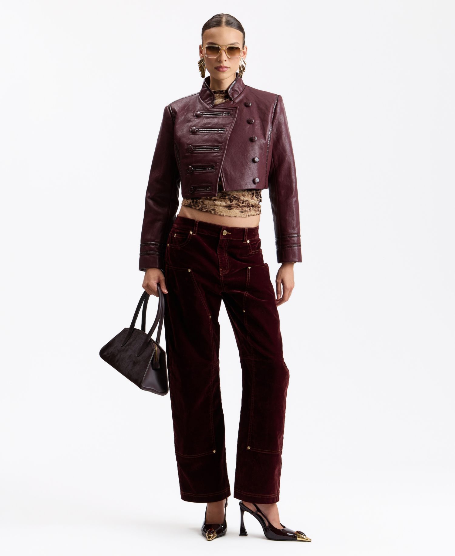 Women's Double-Breasted Military-Style Cropped Faux Leather Jacket