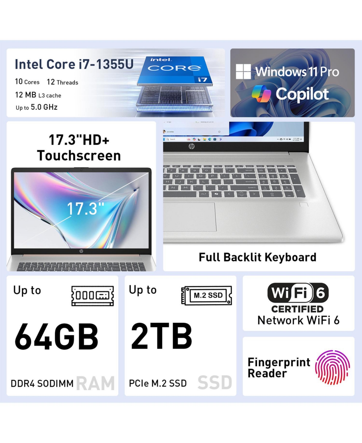 Hp Essential 17.3" Hd+ Touchscreen Laptop, Intel Core i7-1355U, Intel Uhd Graphics, 16GB Ram, 512GB Ssd, Wi-Fi 6, Windows 11 Pro, Silver