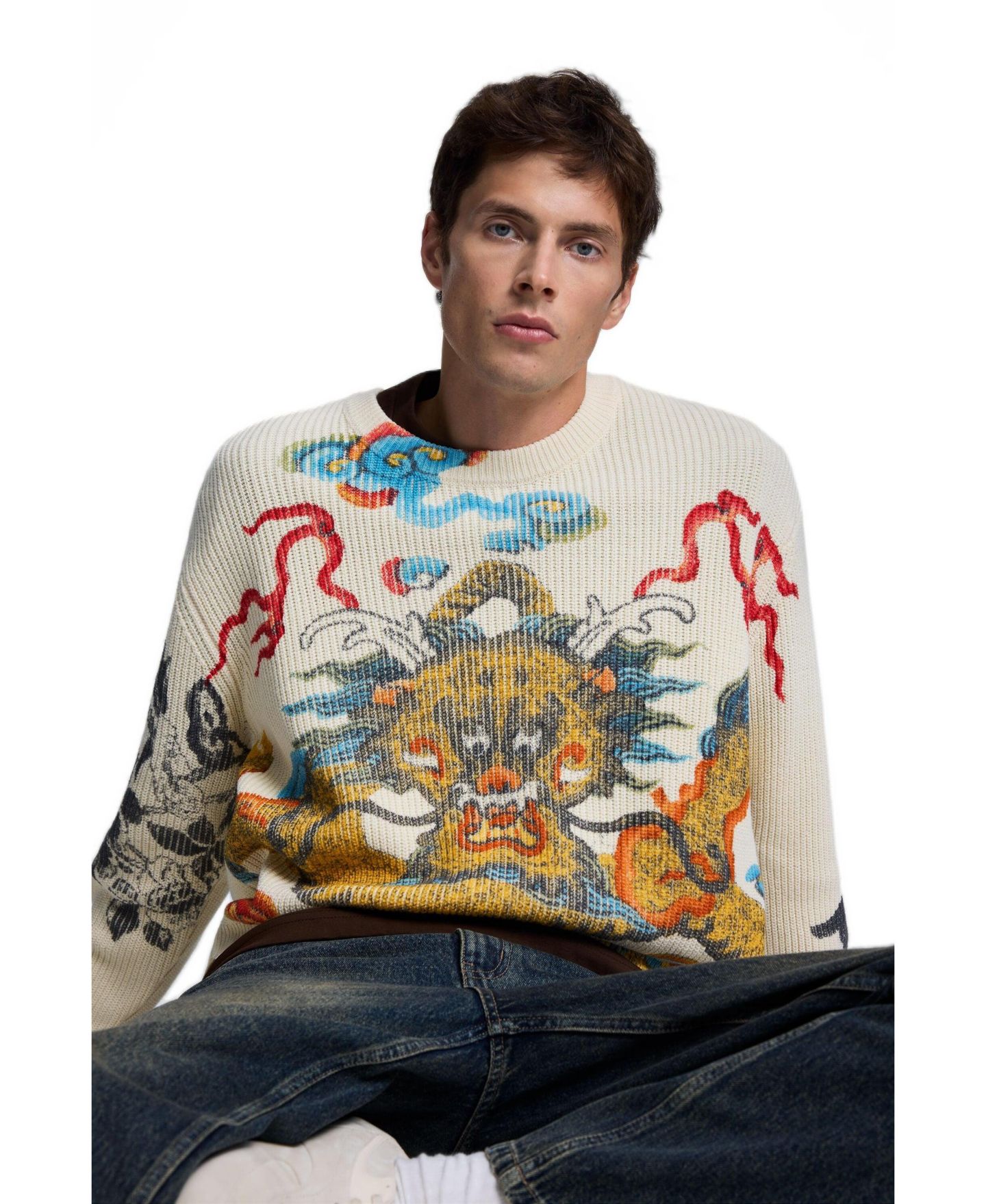 Мужской свитер Desigual Japan Crewneck Long-Sleeve Regular-Fit, цвет: Молочный белый — фото 3